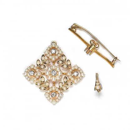 Antique Edwardian Natural Seed Pearl and Diamond Pendant Brooch