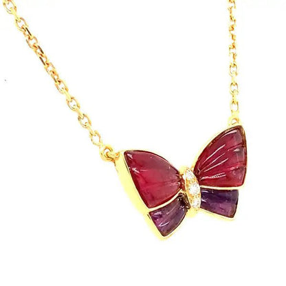 Vintage Van Cleef Arpels 18ct Yellow Gold Butterfly Pendant with Amethyst Red Tourmaline Rubellite and Diamond