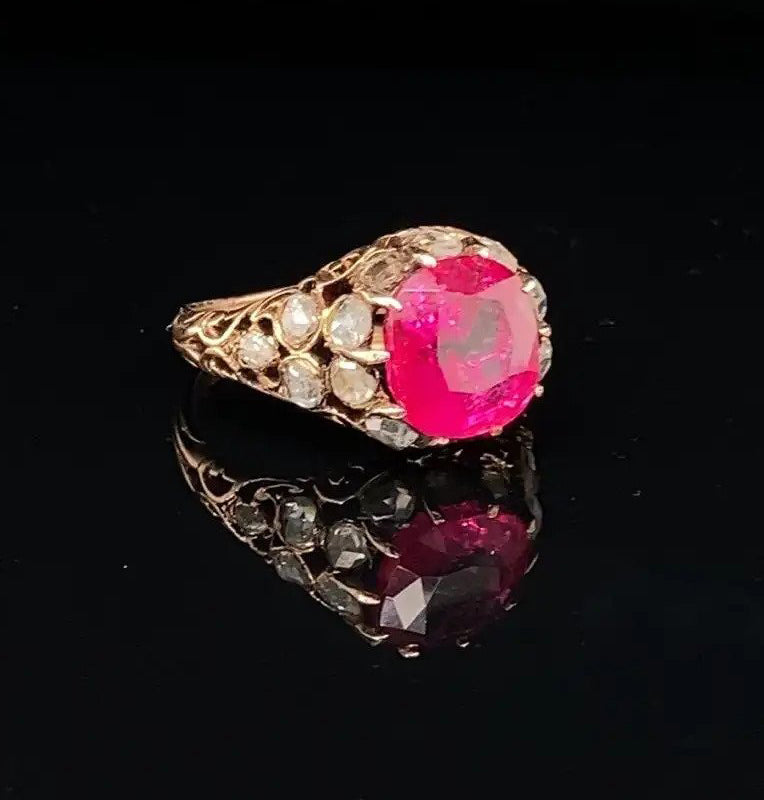 Antique Georgian Certified Natural Unheated 3.34ct Burma Ruby and Old Cut Diamond Ring