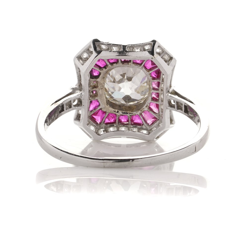 Art Deco 1.50 Old Mine Cut Diamond and Ruby Cluster Ring in Platinum