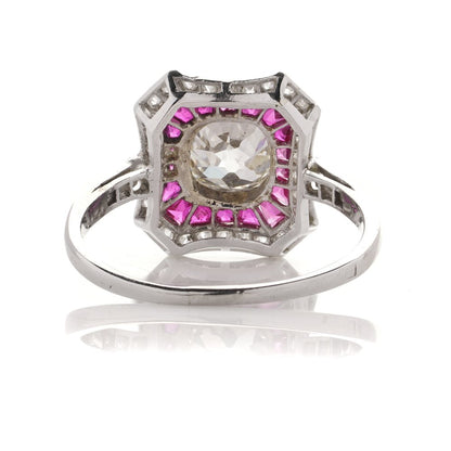 Art Deco 1.50 Old Mine Cut Diamond and Ruby Cluster Ring in Platinum