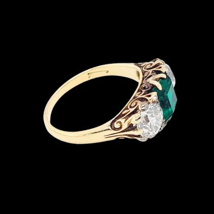 Victorian Antique 1.60ct Colombian Emerald and 2ct Old Mine Cut Diamond Trilogy Three Stone Ring