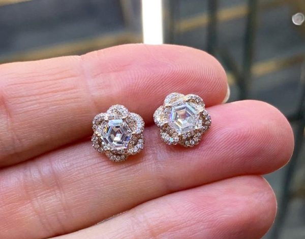 Hexagon Diamond Flower Stud Earrings, 2.01 carat total, 18ct Rose Gold