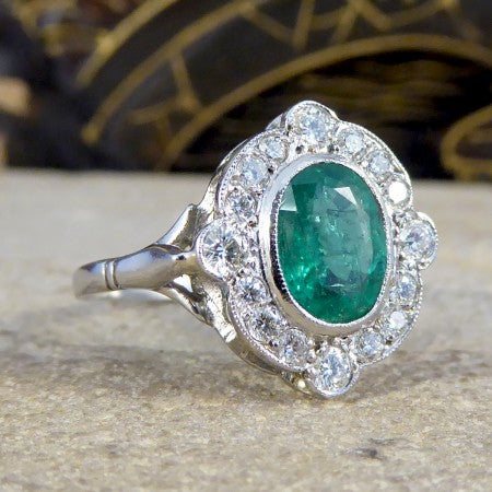 Art Deco Style Emerald and Diamond Cluster Plaque Ring, 1.35cts