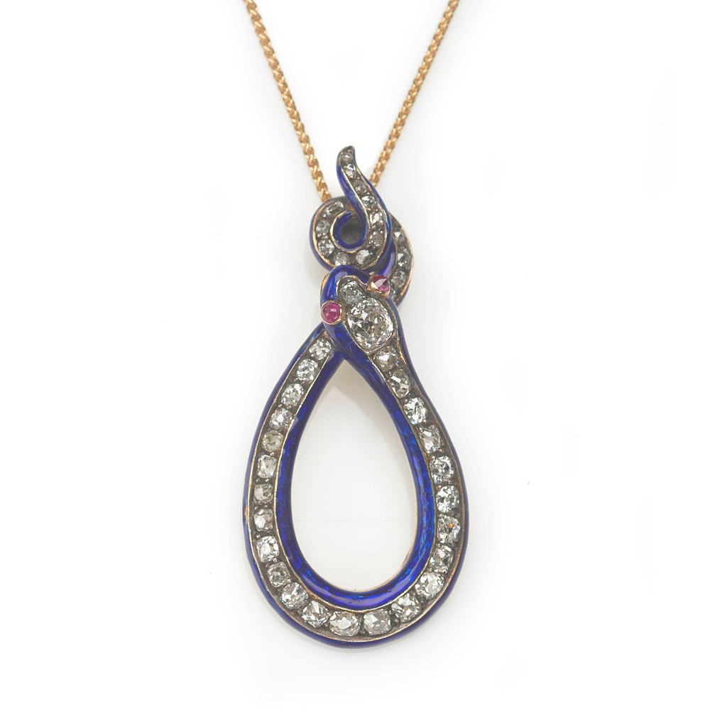 Antique Victorian 2ct Old Cut Diamond and Blue Enamel Snake Pendant