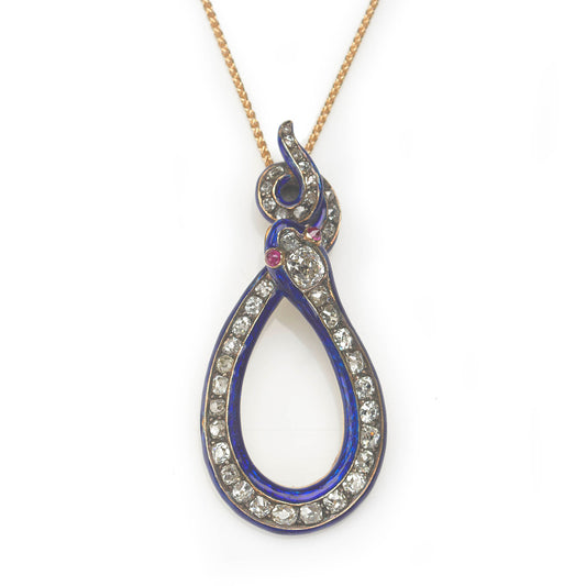 Antique Victorian 2ct Old Cut Diamond and Blue Enamel Snake Pendant