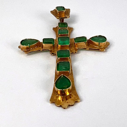 Large Italian 18ct Yellow Gold and Emerald Cross Pendant, 5.01 carat total