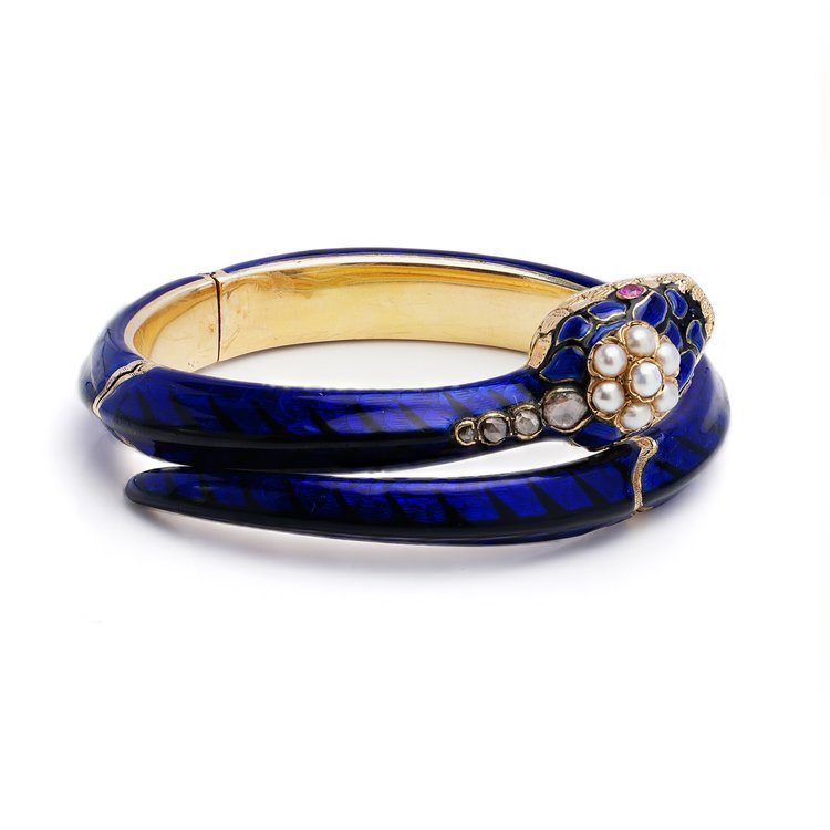 Antique Victorian Gold and Blue Enamel Snake Bangle Bracelet