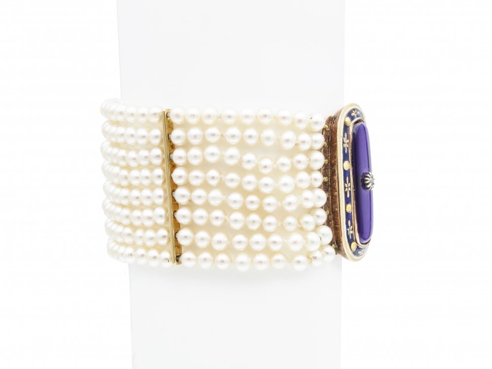 Antique Georgian Pearl Bracelet with Blue Enamel Clasp