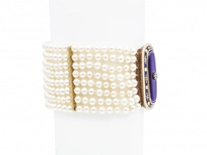 Antique Georgian Pearl Bracelet with Blue Enamel Clasp