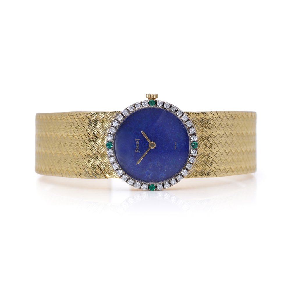 Vintage Ladies 18ct Yellow Gold Piaget Watch with Lapis Lazuli Emerald Diamond