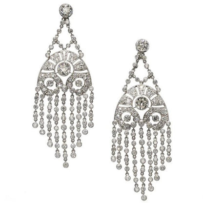 Vintage Late Art Deco 6.93ct Diamond and Platinum Chandelier Fringe Drop Earrings, with 6.93 carats of brilliant-cut, Edwardian-cut and old-cut diamonds, Circa 1935