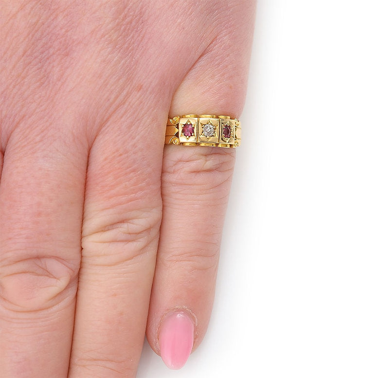 Victorian Antique Ruby and Old Mine Cut Diamond Trilogy Gypsy Ring Chester 1896