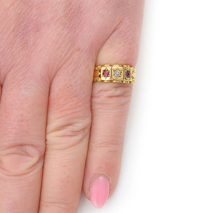 Victorian Antique Ruby and Old Mine Cut Diamond Trilogy Gypsy Ring Chester 1896