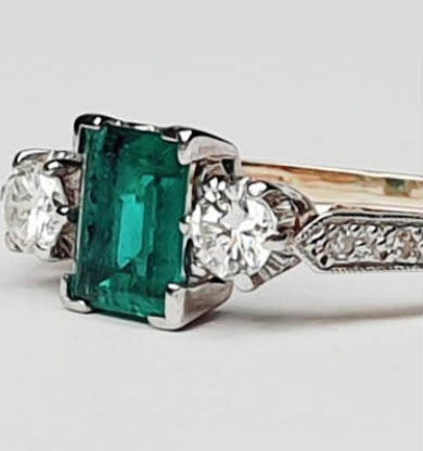 Vintage 1940s Emerald and Diamond Three Stone Engagement Ring
