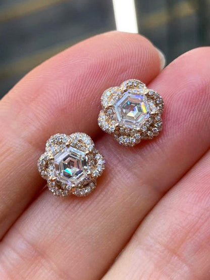 Hexagon Diamond Flower Stud Earrings, 2.01 carat total, 18ct Rose Gold