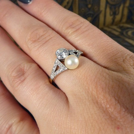 Edwardian two stone pearl diamond ring 1900 1910 1920