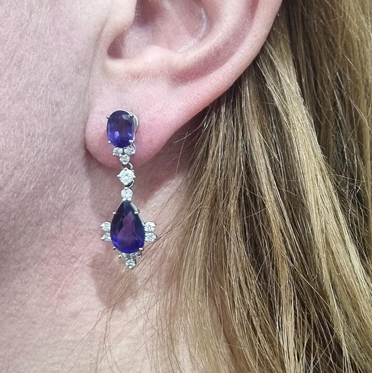 Vintage 6.65ct Amethyst and Diamond Drop Earrings