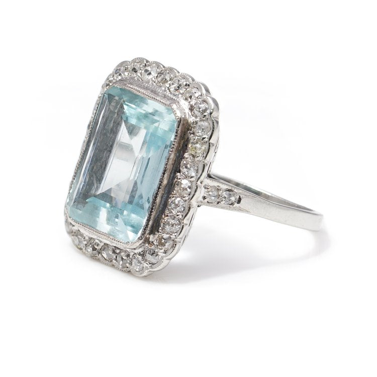 Antique Edwardian 5.5ct Aquamarine and Diamond Cluster Ring
