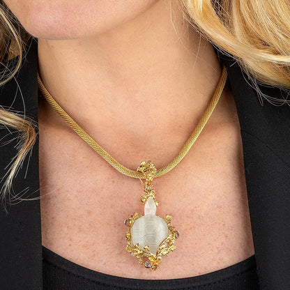 Antique Carved Hardstone Turtle and Gold Pendant on Yellow Gold Rope Snake Chain Necklace