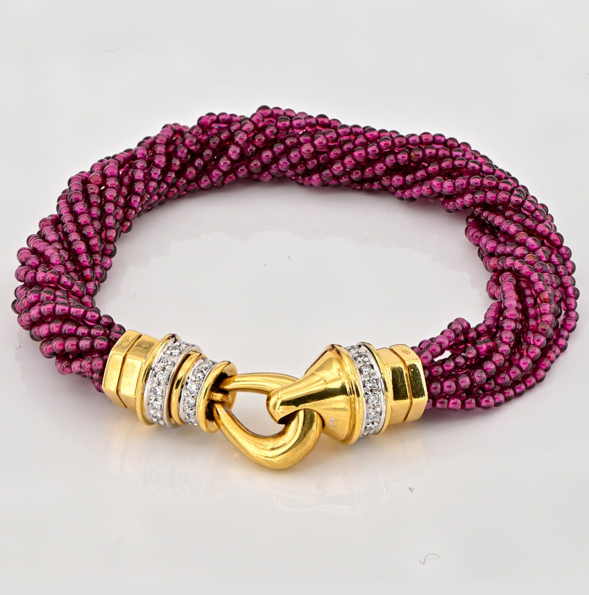 Vintage Italian Red Tourmaline Rubellite Beaded Bracelet with Diamond Clasp