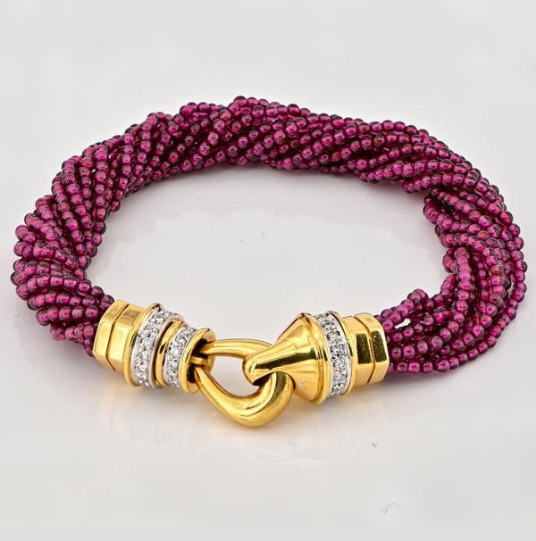 Vintage Italian Red Tourmaline Rubellite Beaded Bracelet with Diamond Clasp