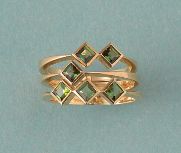Contemporary Set Of Three Green Tourmaline and 18ct Yellow Gold Rings