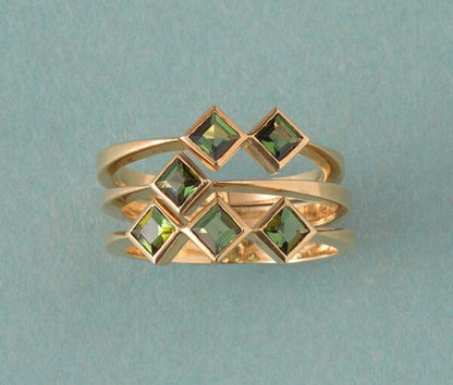 Contemporary Set Of Three Green Tourmaline and 18ct Yellow Gold Rings