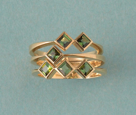 Contemporary Set Of Three Green Tourmaline and 18ct Yellow Gold Rings