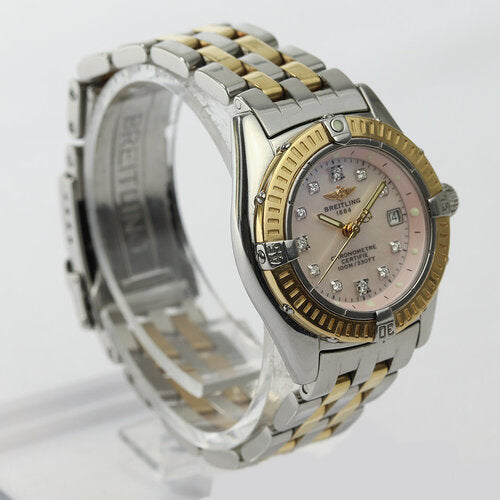Breitling Callistino Ladies Pink MOP 29mm Diamond Dial Steel and Gold Quartz Watch, original pink mother of pearl dial with 11 diamond hour markers, Steel and gold bracelet