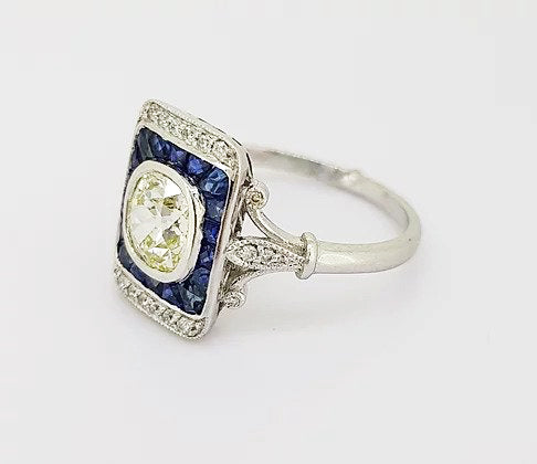 Vintage 1.25ct Old Cut Diamond and Sapphire Panel Ring, 18ct white gold