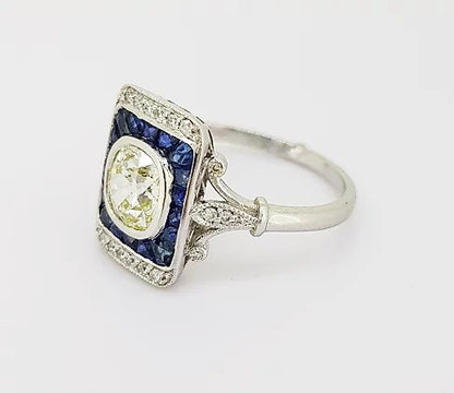 Vintage 1.25ct Old Cut Diamond and Sapphire Panel Ring, 18ct white gold