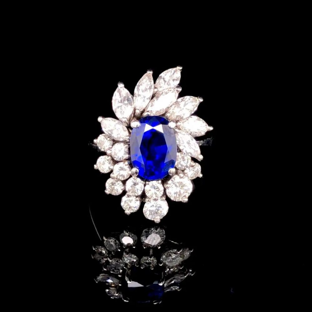Royal Blue No Heat Burma Sapphire and Diamond Cluster Ring