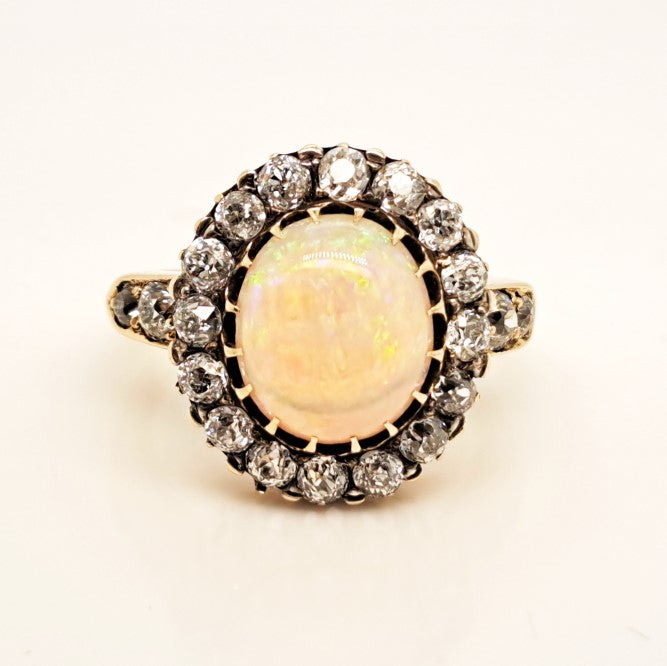 Antique Opal and Old Cut Diamond Cluster Engagement Ring