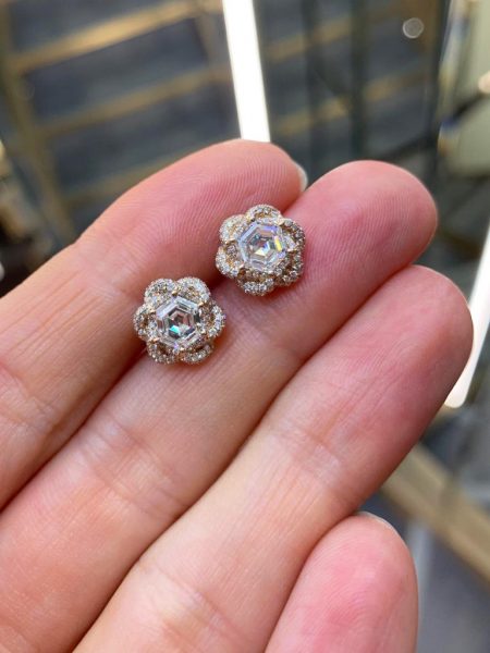 Hexagon Diamond Flower Stud Earrings, 2.01 carat total, 18ct Rose Gold