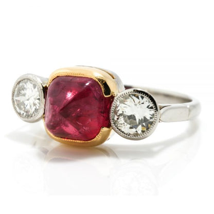 Art Deco Natural Cabochon Ruby and Diamond Trilogy Ring, 4.52 carats