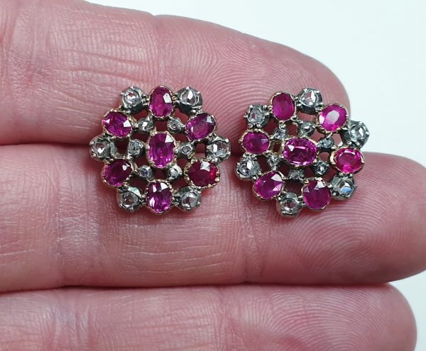 Antique Georgian Burmese Ruby and Rose Cut Diamond Cluster Earrings, Circa 1820, 19th century