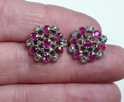 Antique Georgian Burmese Ruby and Rose Cut Diamond Cluster Earrings, Circa 1820, 19th century