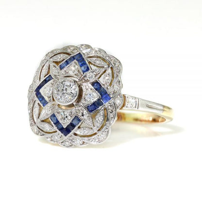 Art Deco Sapphire and Old Cut Diamond Cluster Dress Ring