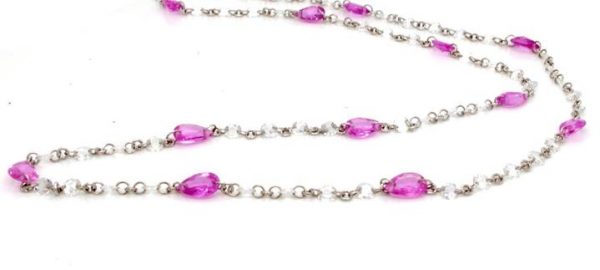 Pear Cut Pink Sapphire and Diamond 18ct White Gold Chain Necklace; set with 2.79cts drilled faceted diamonds and 5.91cts pear-shaped pink sapphires
