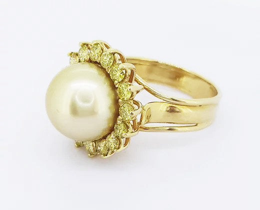 Golden South Sea Pearl and 2ct Fancy Yellow Diamond Cluster Ring