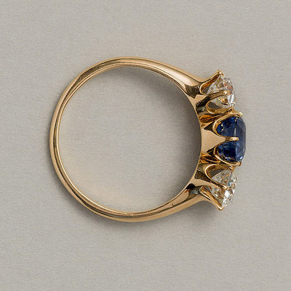 Victorian Antique 2.63ct Natural Ceylon Sapphire and Diamond Three Stone Engagement Ring by Bailey Banks and Biddle
