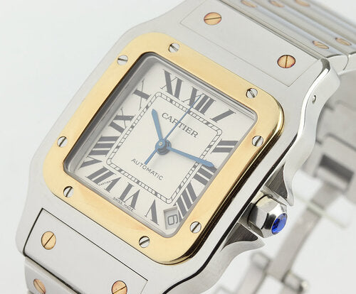 Cartier Santos Galbee 32mm Large Steel and Gold 2823 Automatic, white dial, Roman numerals, blued steel hands, date indicator at 4, sapphire crown, sapphire crystal, stainless steel bracelet with hidden clasp