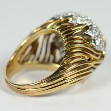 Vintage 1950s Diamond and 18ct Yellow Gold Leaf Design Bombe Ring; wirework strands of golden grass supporting a pavé set diamond leaf with a twisted gold central vein, 1.50 carats