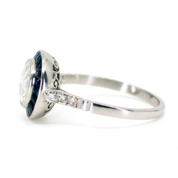 Art Deco 1.23ct Old Mine Cut Diamond and Calibre Sapphire Target Ring in Platinum