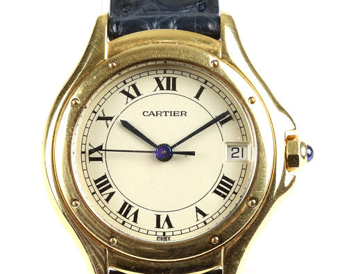Cartier Cougar 18ct Yellow Gold 26mm Ladies, Small Model, Ref887921, off white dial, Roman numerals, date aperture at 3, blue steel hands, blue cabochon gem set crown, quartz movement, black leather strap