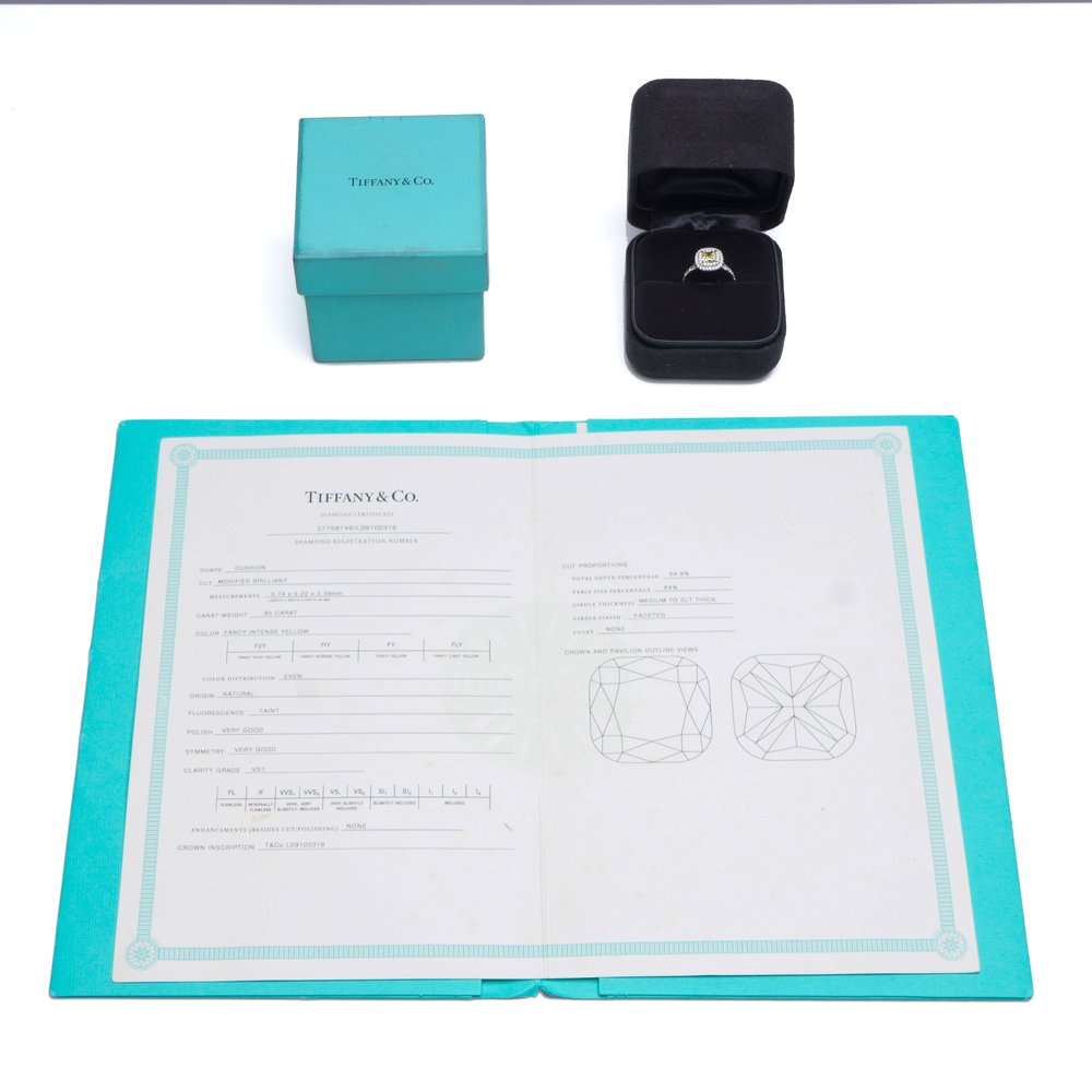 Tiffany & Co 0.85ct Cushion Fancy Intense Yellow Diamond Ring with Certificate Box and Lifetime Warranty
