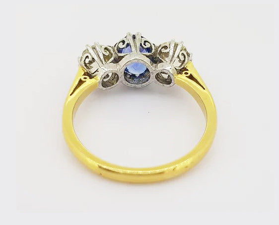 1.20ct Sapphire and 1.35ct Diamond Three Stone Ring, 18ct yellow and white gold