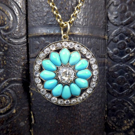 Victorian Old Cut Diamond and Turquoise Flower Pendant, 3.20 Carat Total