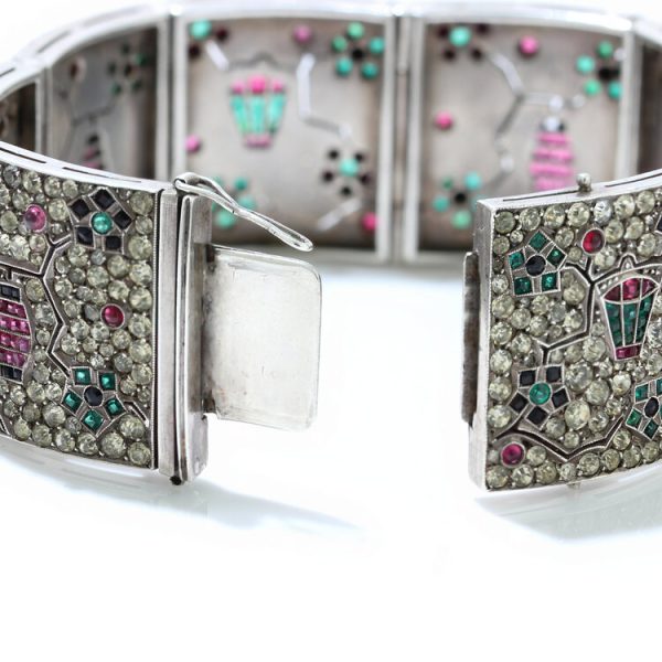 Art Deco Silver Panel Bracelet with Rubies, Emeralds, Sapphires and Paste